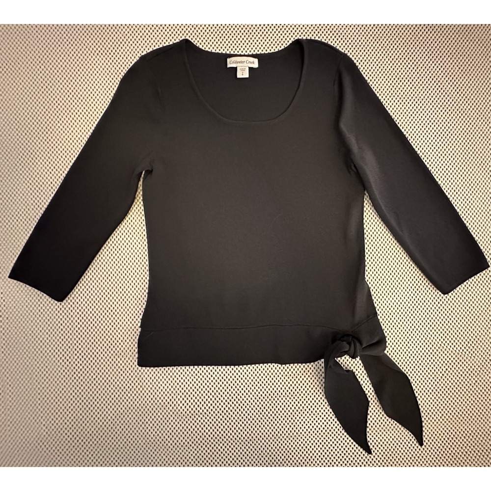 Coldwater Creek Sweater Size S Black Side Tie Waist Tight Knit Scoop Neck Classy